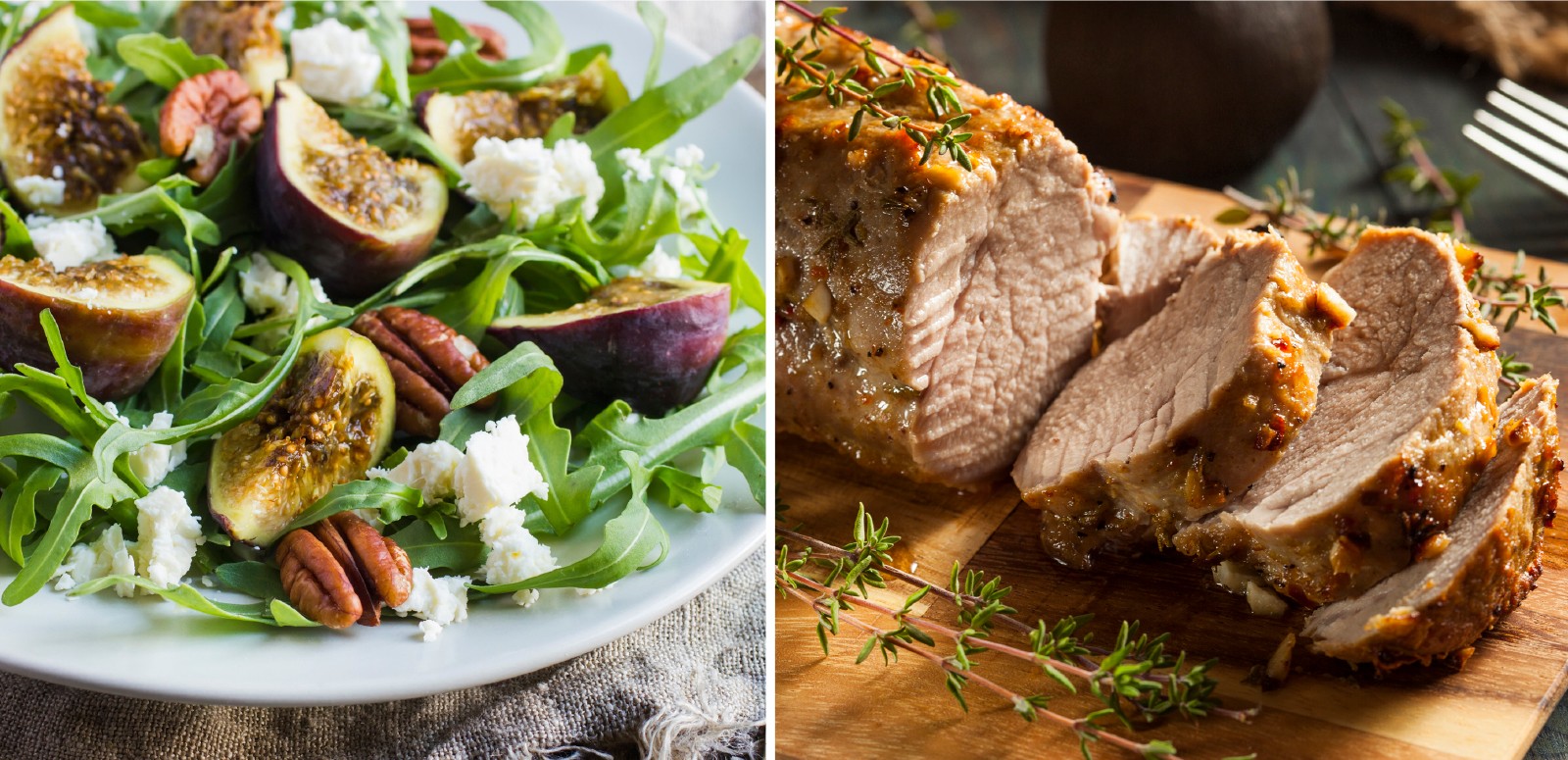 Closeup of fig salad and pork roast